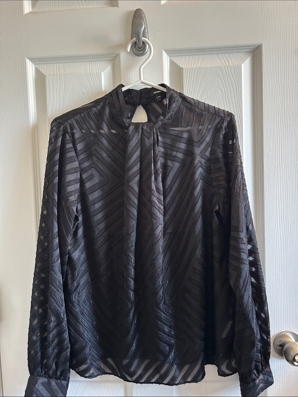 Express Black Geometric Sheer Long-Sleeve Blouse